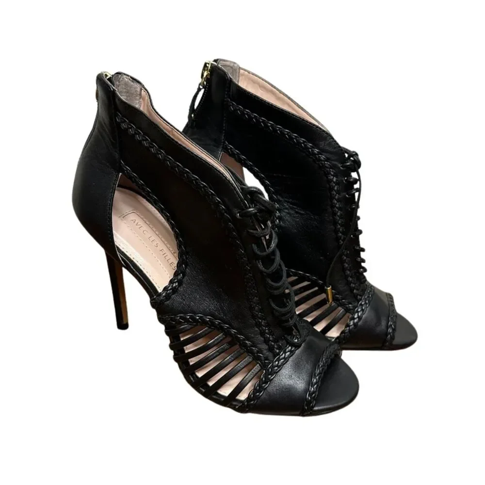 Avec Les Filles Joyce Black‎ Leather Lace Up Bootie Heel Size 7.5M